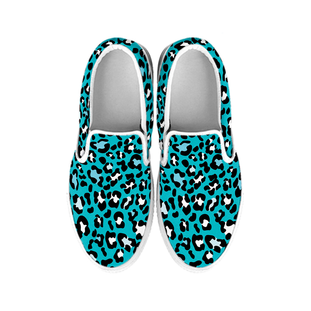 Turquoise Leopard Print White Slip On Shoes