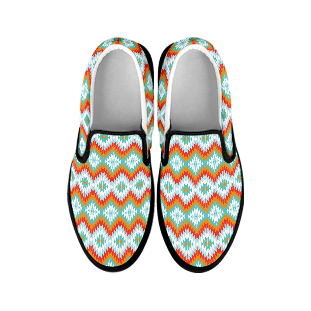 Turquoise Native American Pattern Print Black Slip On Shoes