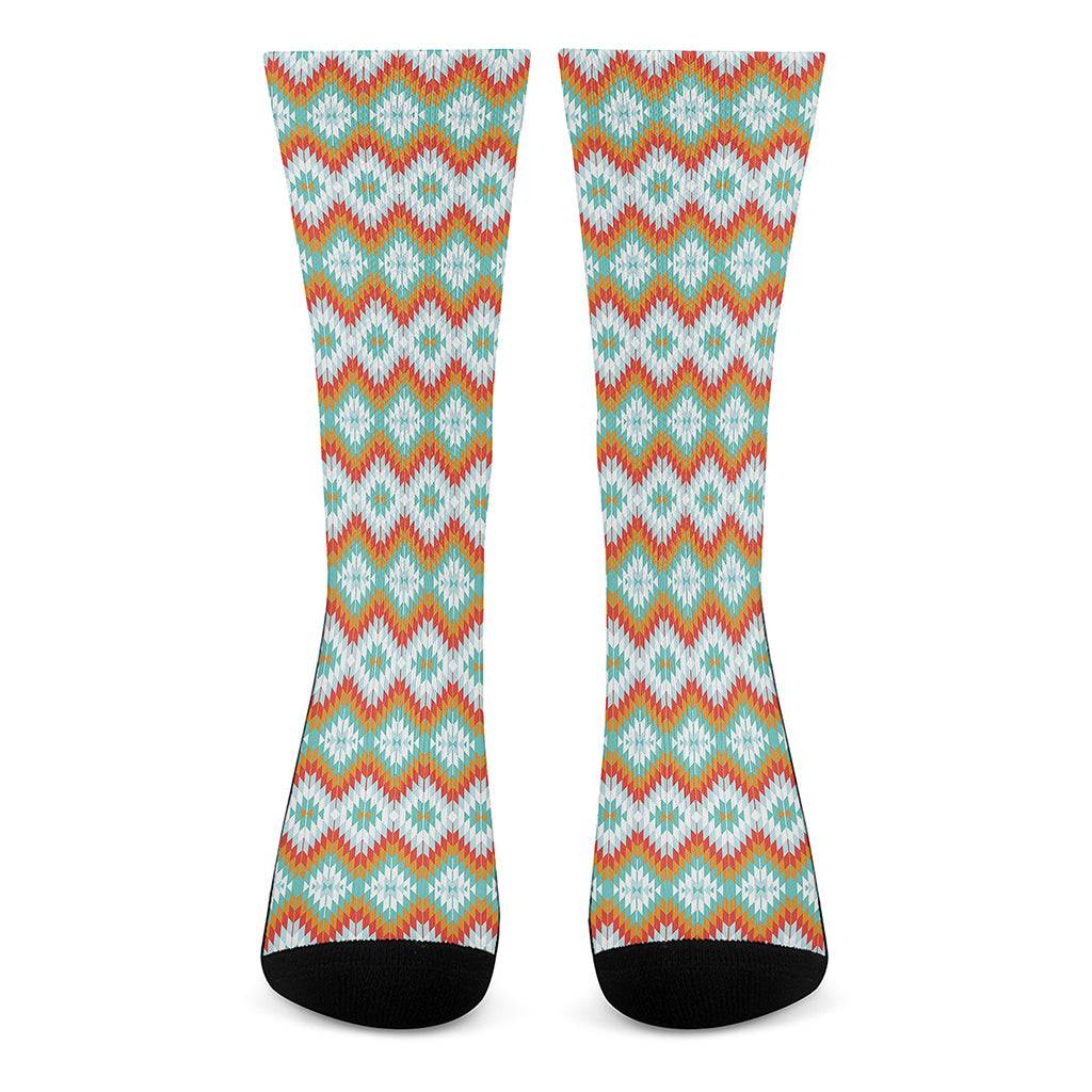 Turquoise Native American Pattern Print Crew Socks