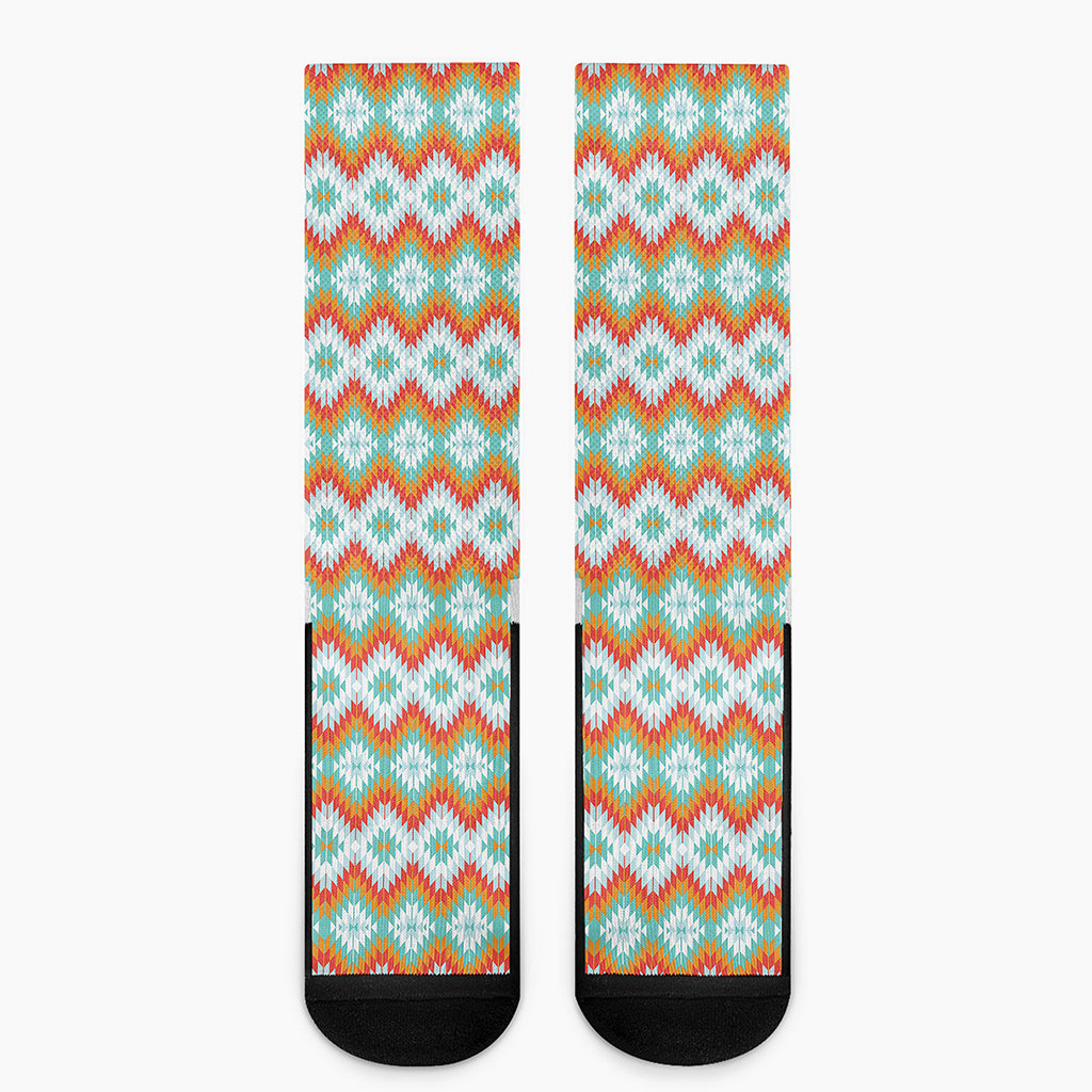 Turquoise Native American Pattern Print Crew Socks