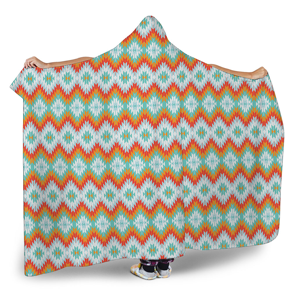 Turquoise Native American Pattern Print Hooded Blanket