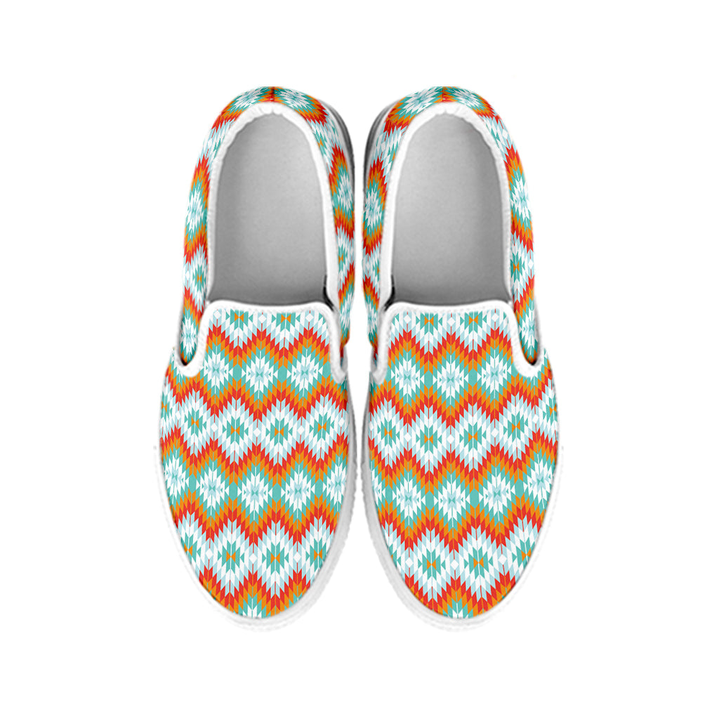 Turquoise Native American Pattern Print White Slip On Shoes