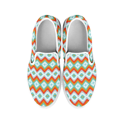 Turquoise Native American Pattern Print White Slip On Shoes