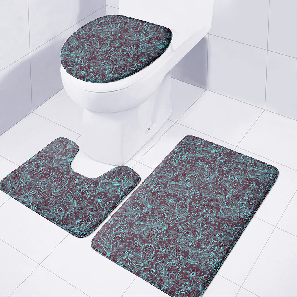 Turquoise Paisley Pattern Print 3 Piece Bath Mat Set