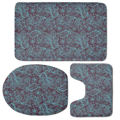 Turquoise Paisley Pattern Print 3 Piece Bath Mat Set