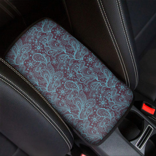 Turquoise Paisley Pattern Print Car Center Console Cover