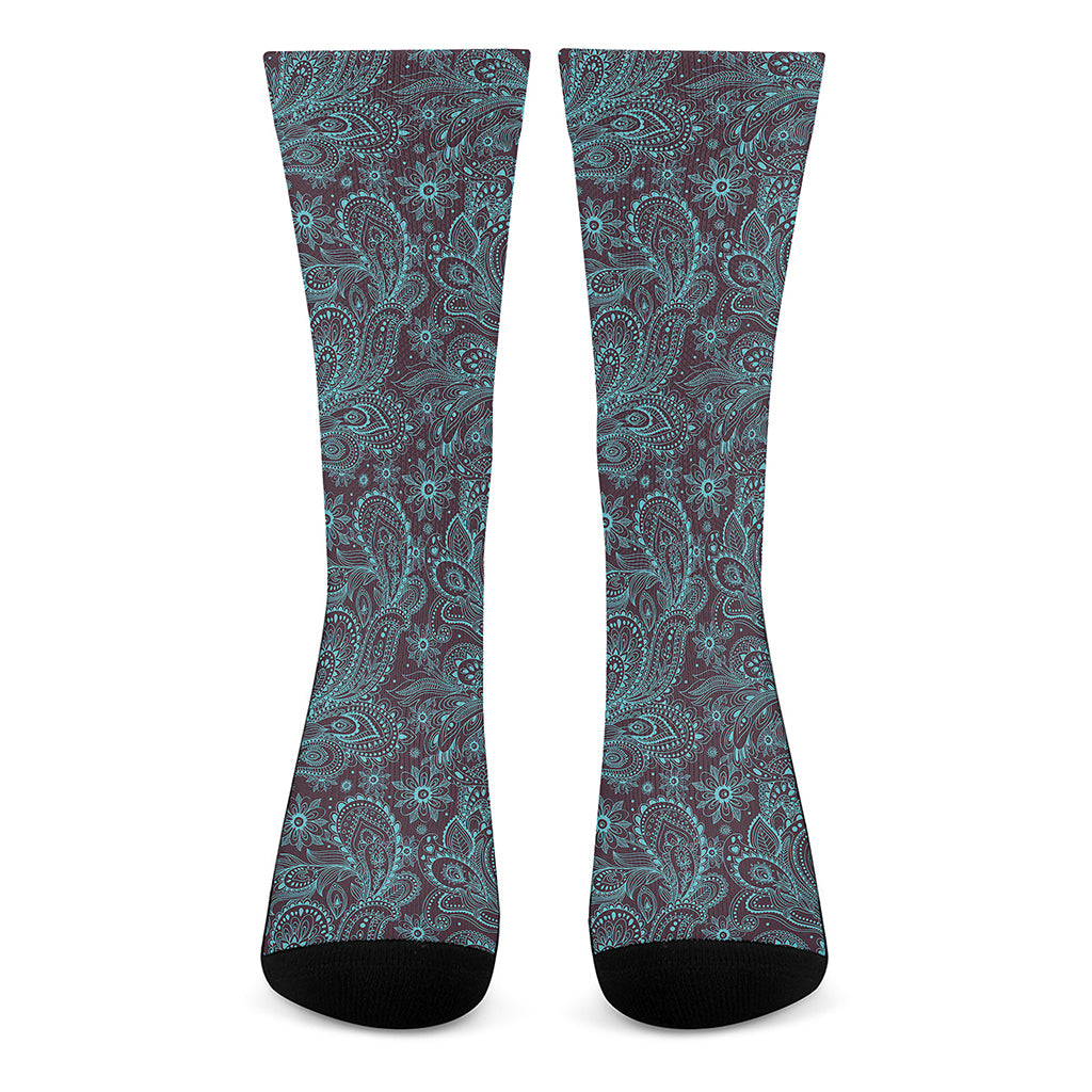 Turquoise Paisley Pattern Print Crew Socks