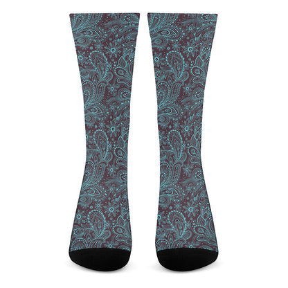 Turquoise Paisley Pattern Print Crew Socks