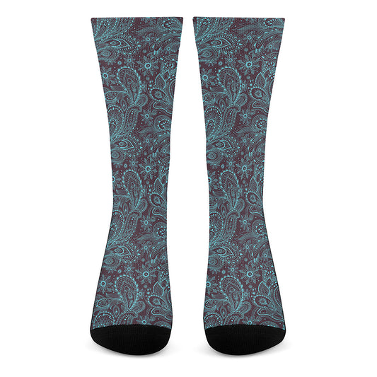 Turquoise Paisley Pattern Print Crew Socks