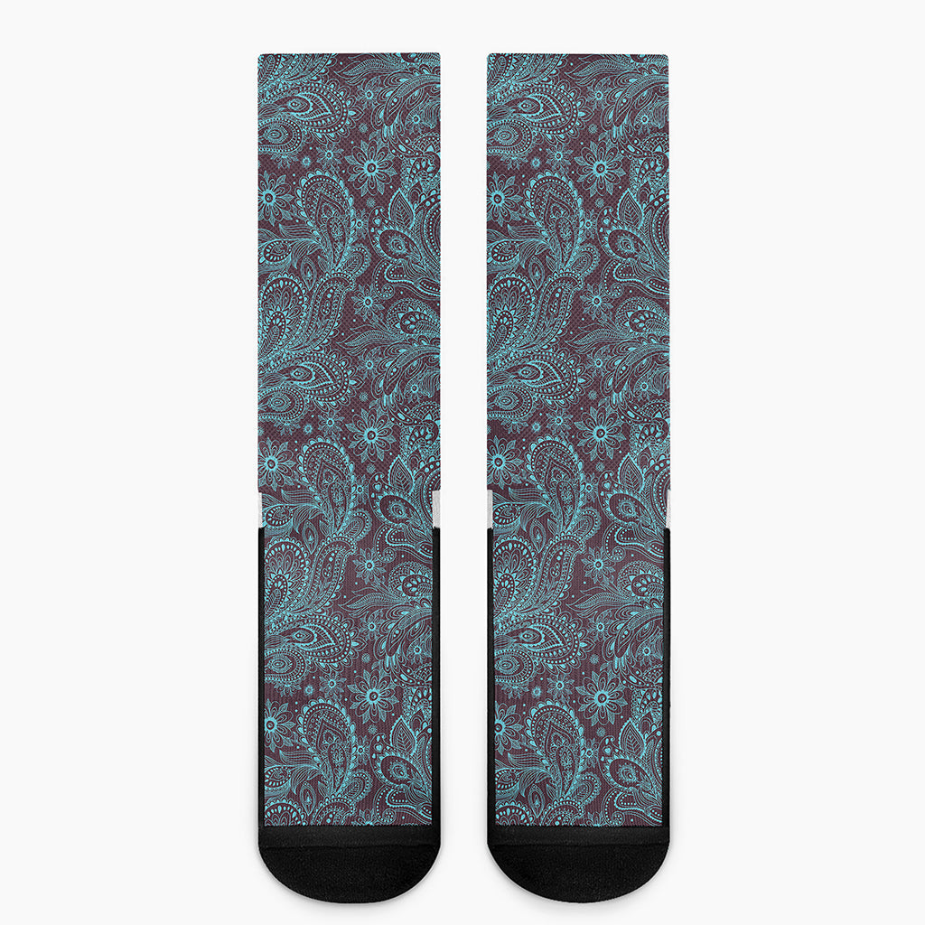 Turquoise Paisley Pattern Print Crew Socks