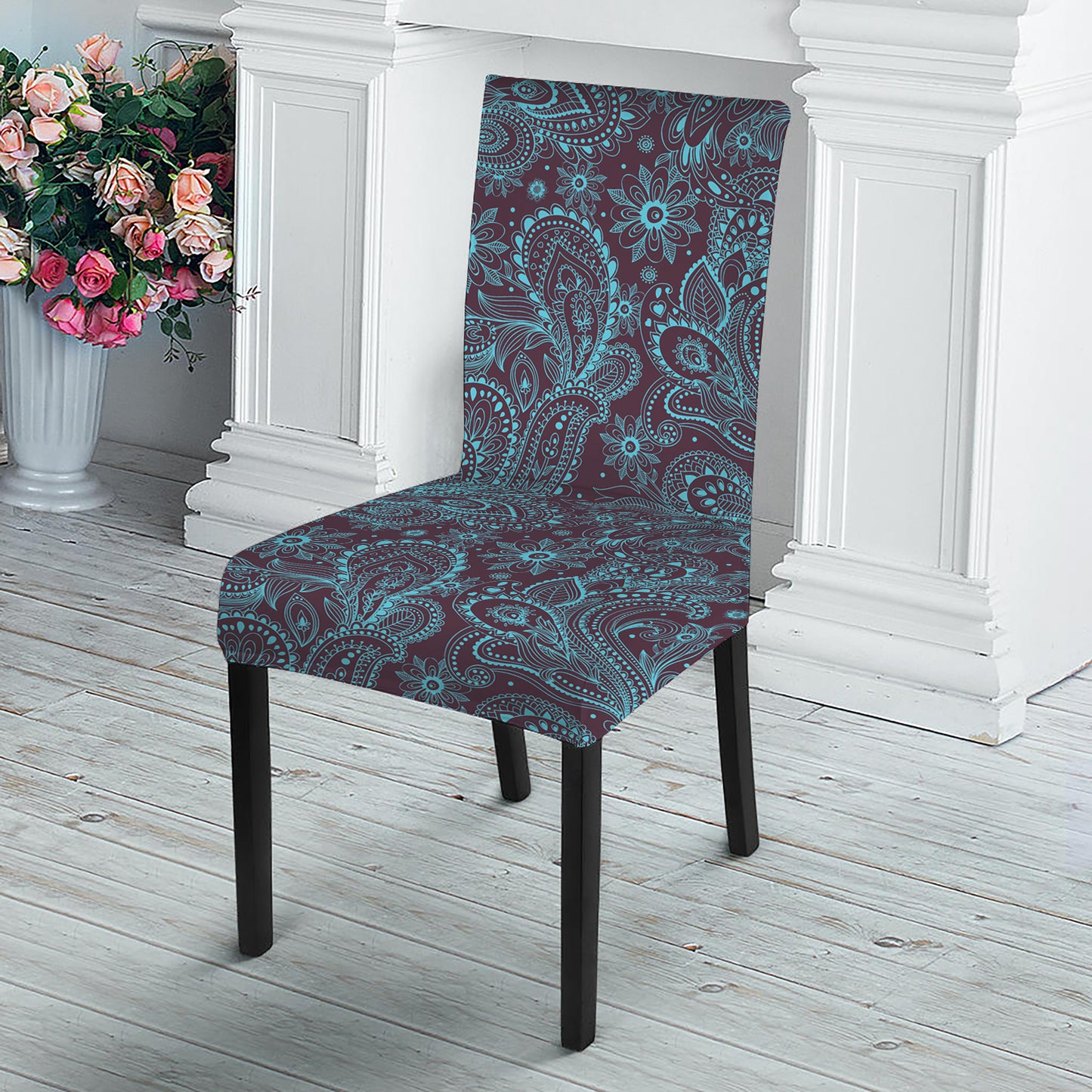 Turquoise Paisley Pattern Print Dining Chair Slipcover