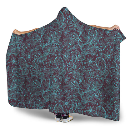 Turquoise Paisley Pattern Print Hooded Blanket