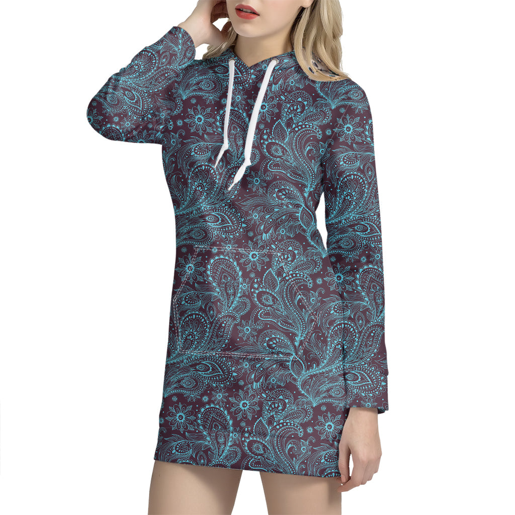 Turquoise Paisley Pattern Print Hoodie Dress