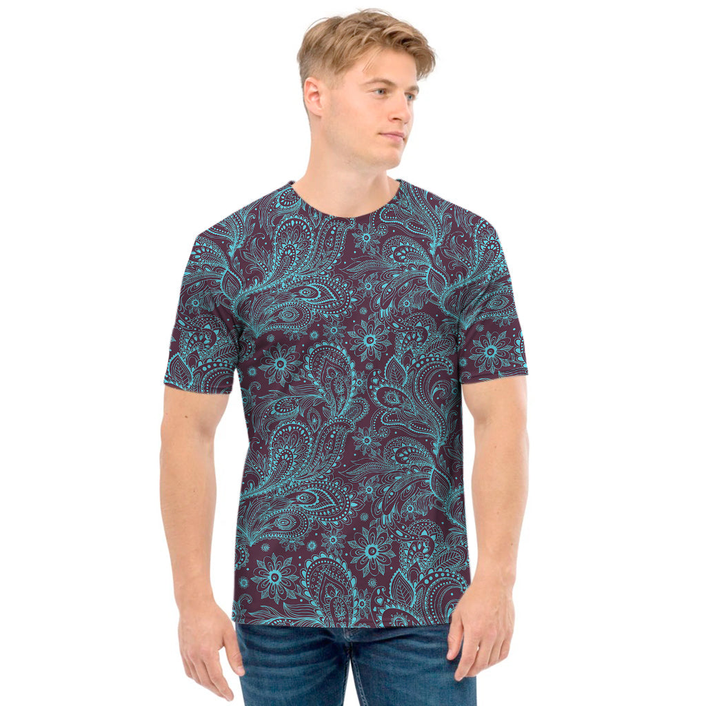 Turquoise Paisley Pattern Print Men's T-Shirt