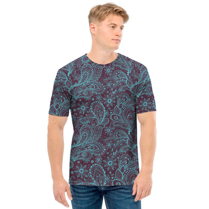 Turquoise Paisley Pattern Print Men's T-Shirt