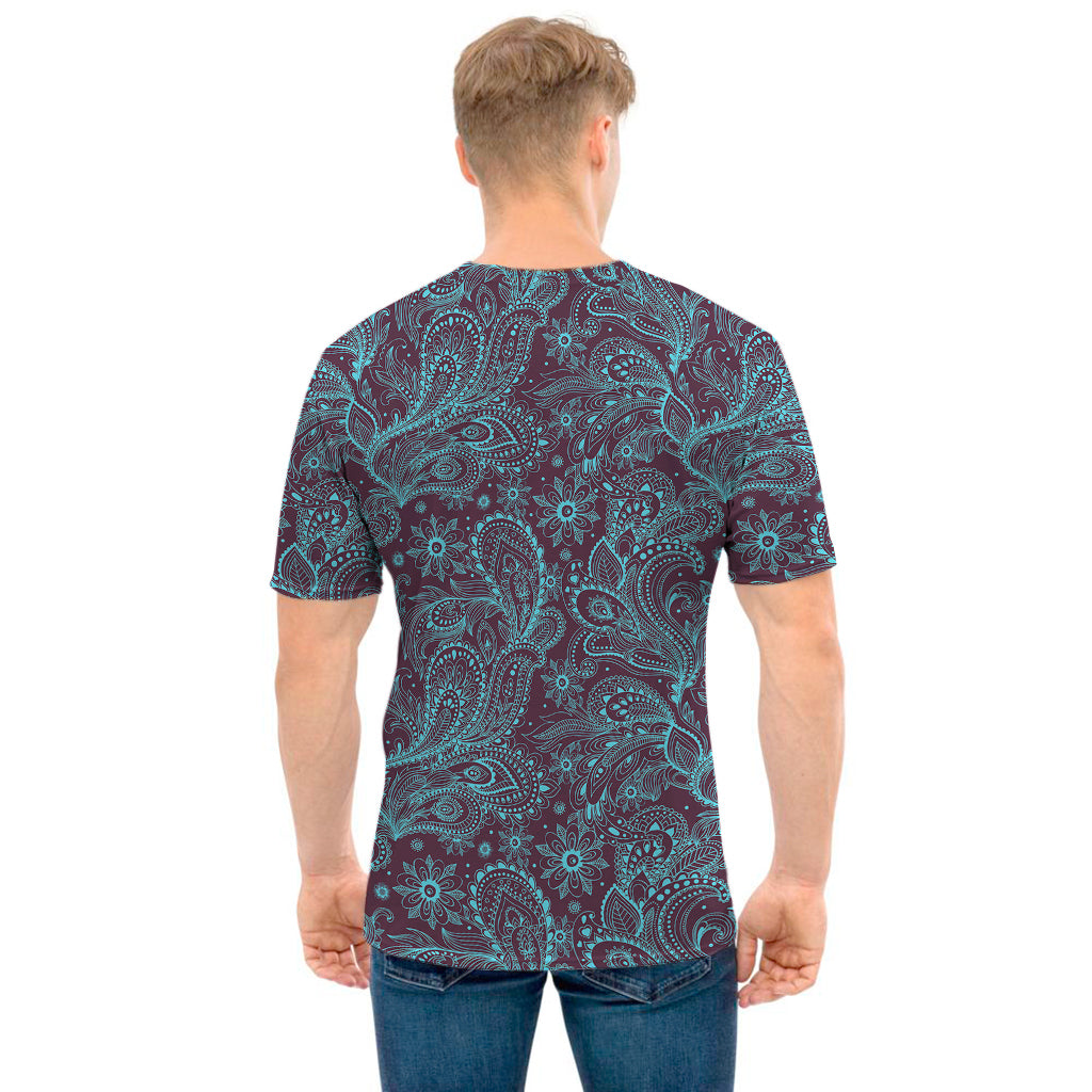 Turquoise Paisley Pattern Print Men's T-Shirt