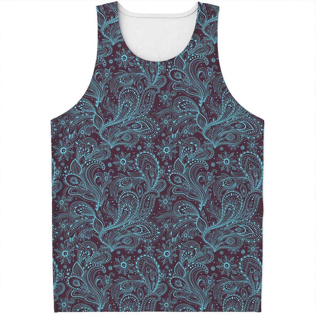 Turquoise Paisley Pattern Print Men's Tank Top