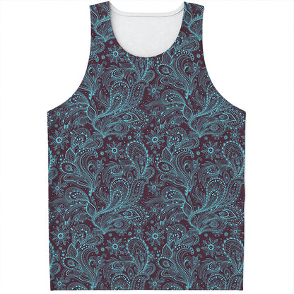 Turquoise Paisley Pattern Print Men's Tank Top