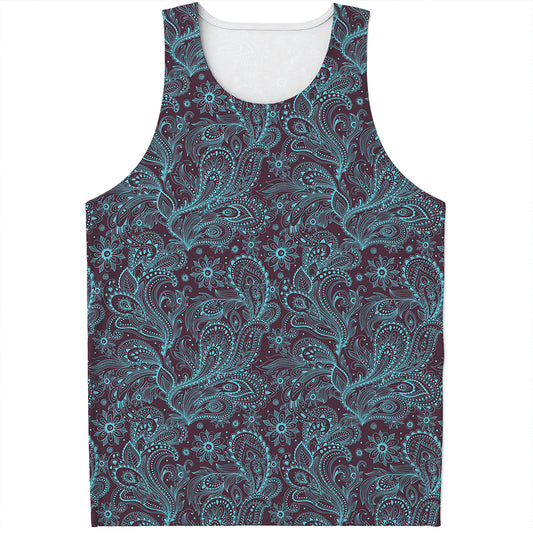 Turquoise Paisley Pattern Print Men's Tank Top