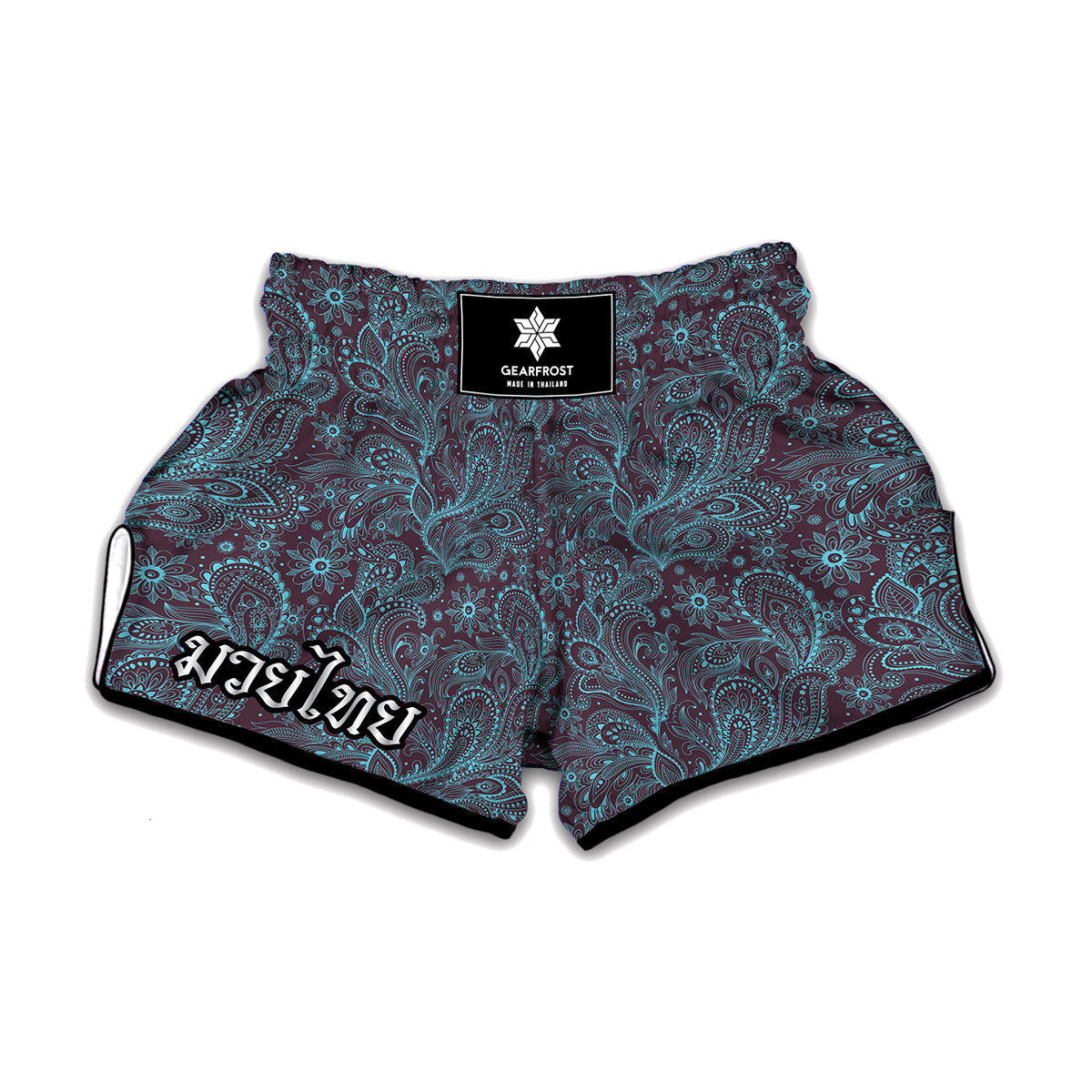 Turquoise Paisley Pattern Print Muay Thai Boxing Shorts