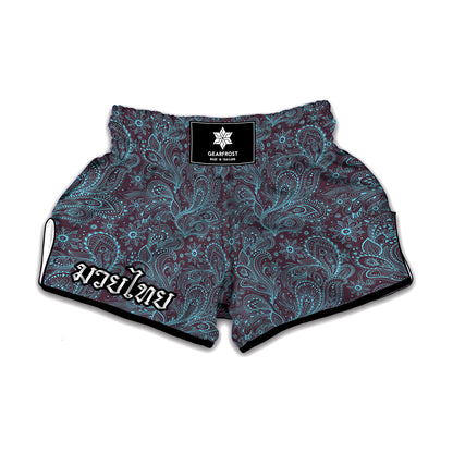 Turquoise Paisley Pattern Print Muay Thai Boxing Shorts