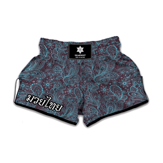 Turquoise Paisley Pattern Print Muay Thai Boxing Shorts
