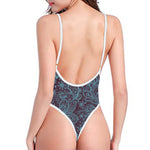 Turquoise Paisley Pattern Print One Piece High Cut Swimsuit