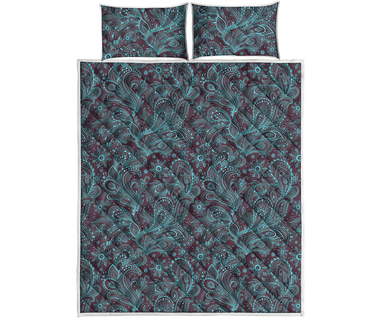 Turquoise Paisley Pattern Print Quilt Bed Set