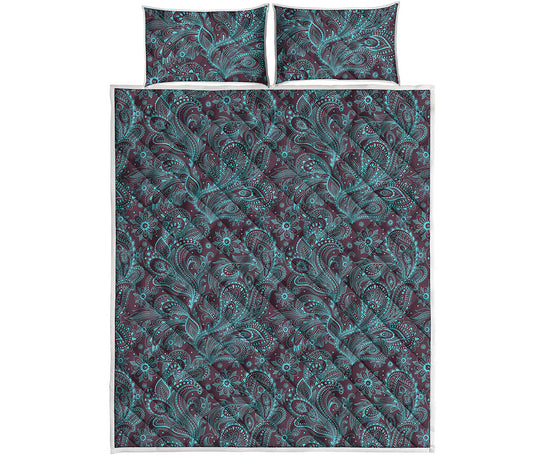 Turquoise Paisley Pattern Print Quilt Bed Set