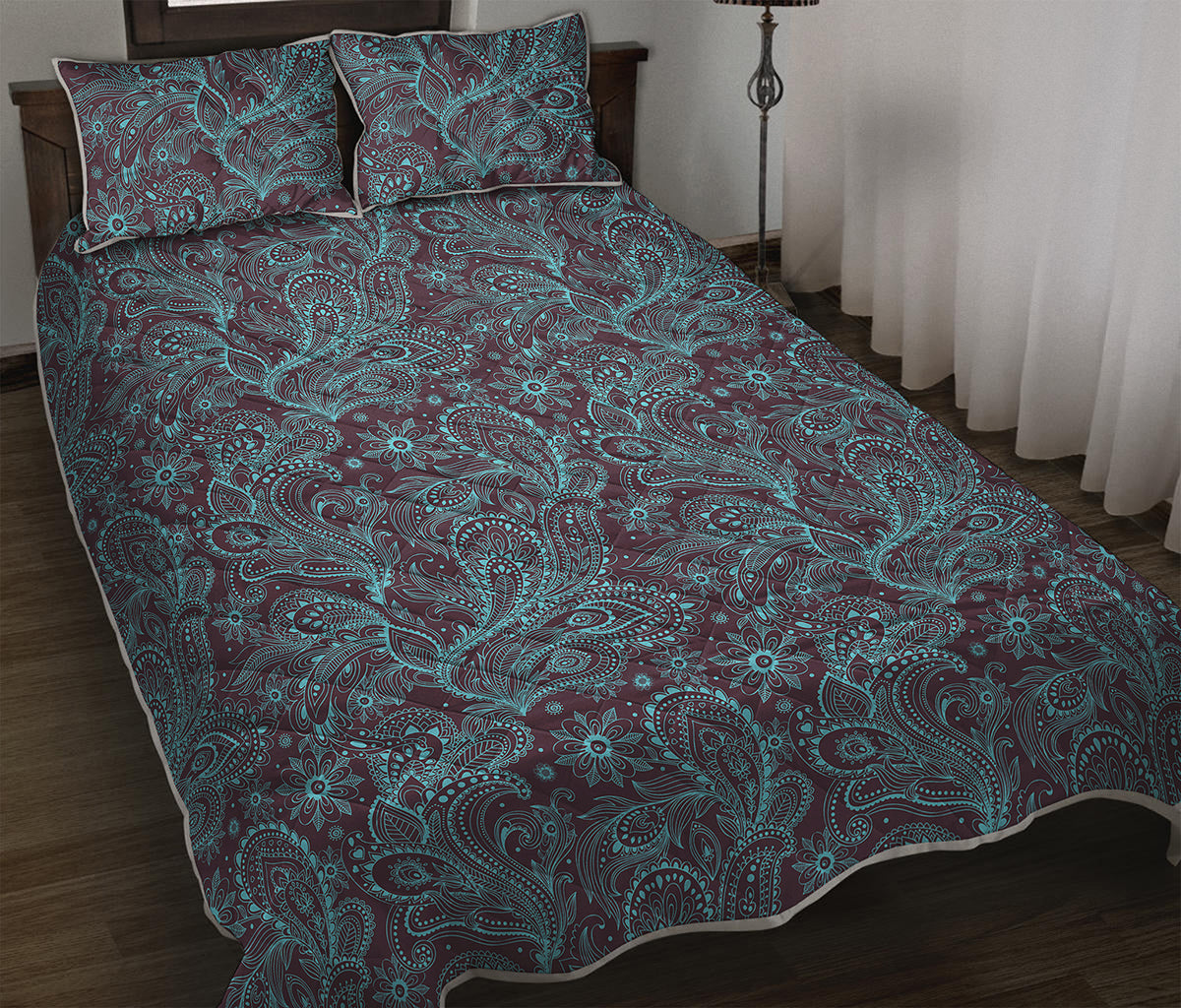 Turquoise Paisley Pattern Print Quilt Bed Set