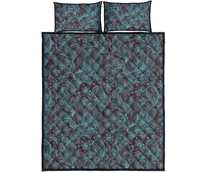 Turquoise Paisley Pattern Print Quilt Bed Set
