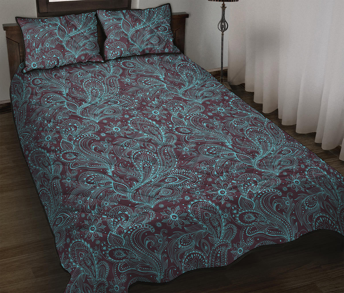 Turquoise Paisley Pattern Print Quilt Bed Set