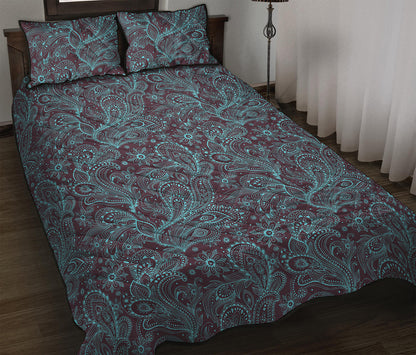Turquoise Paisley Pattern Print Quilt Bed Set