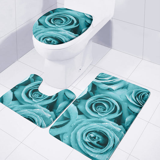 Turquoise Rose Flower Print 3 Piece Bath Mat Set
