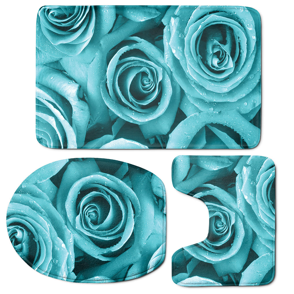 Turquoise Rose Flower Print 3 Piece Bath Mat Set