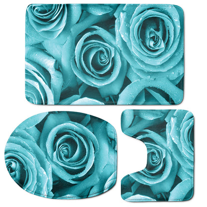Turquoise Rose Flower Print 3 Piece Bath Mat Set