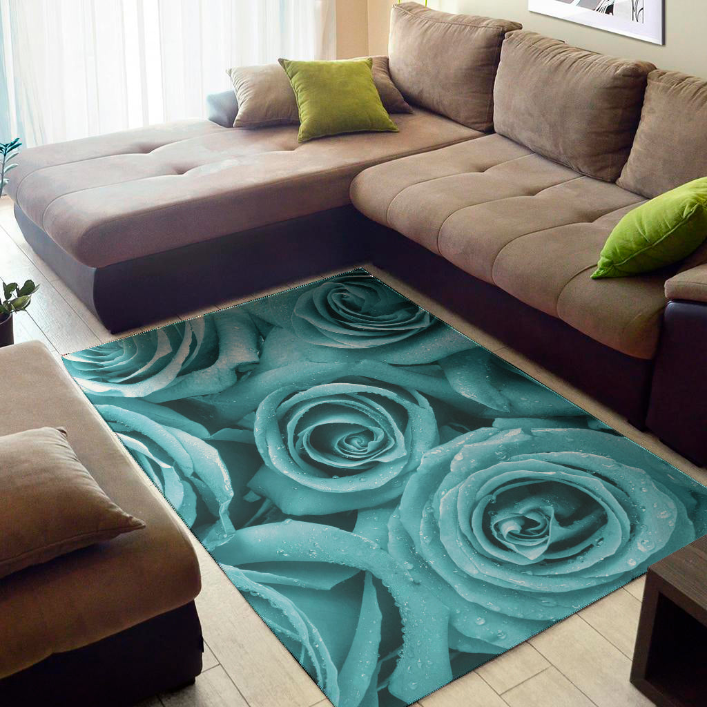 Turquoise Rose Flower Print Area Rug