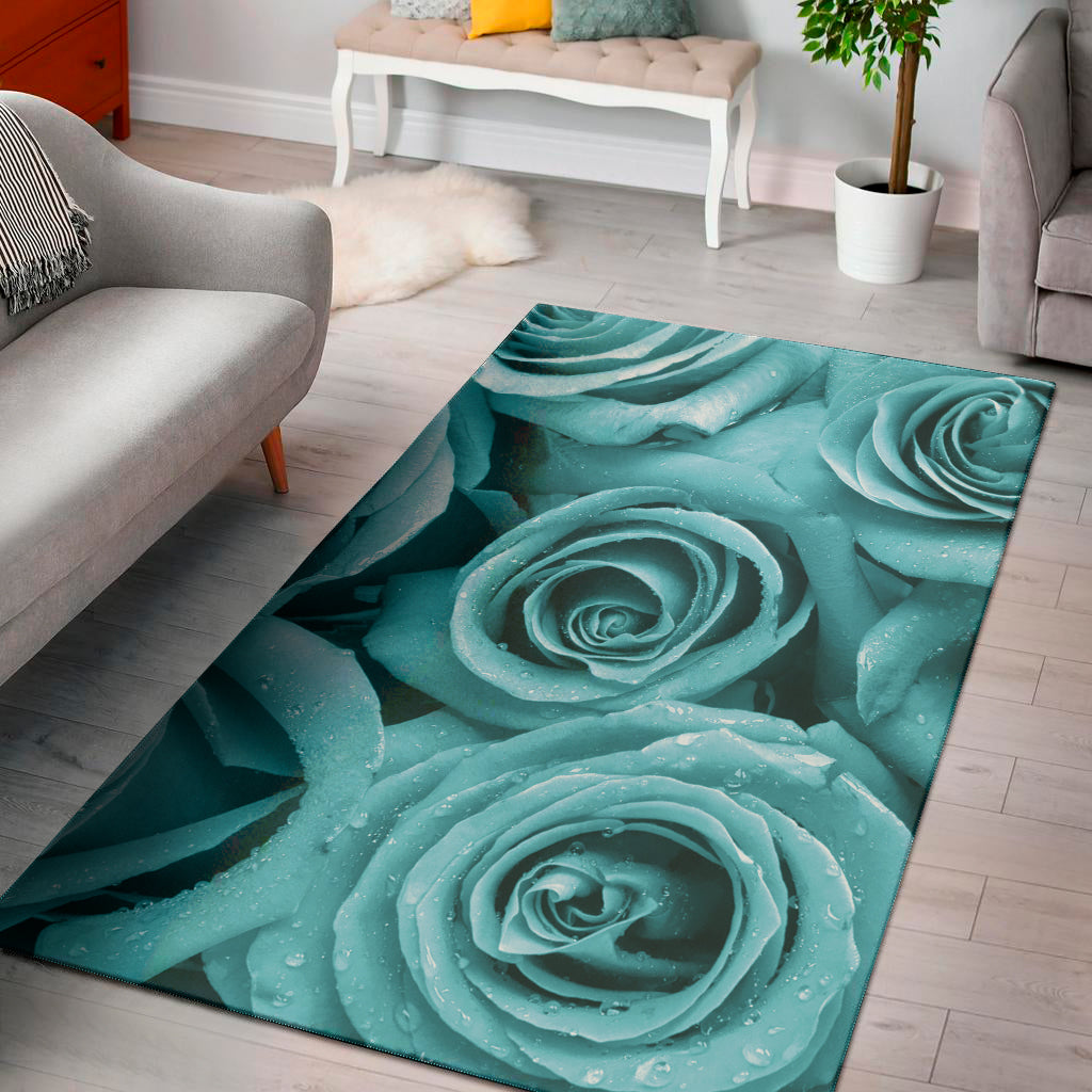 Turquoise Rose Flower Print Area Rug