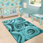 Turquoise Rose Flower Print Area Rug