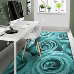 Turquoise Rose Flower Print Area Rug