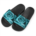 Turquoise Rose Flower Print Black Slide Sandals