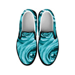 Turquoise Rose Flower Print Black Slip On Shoes
