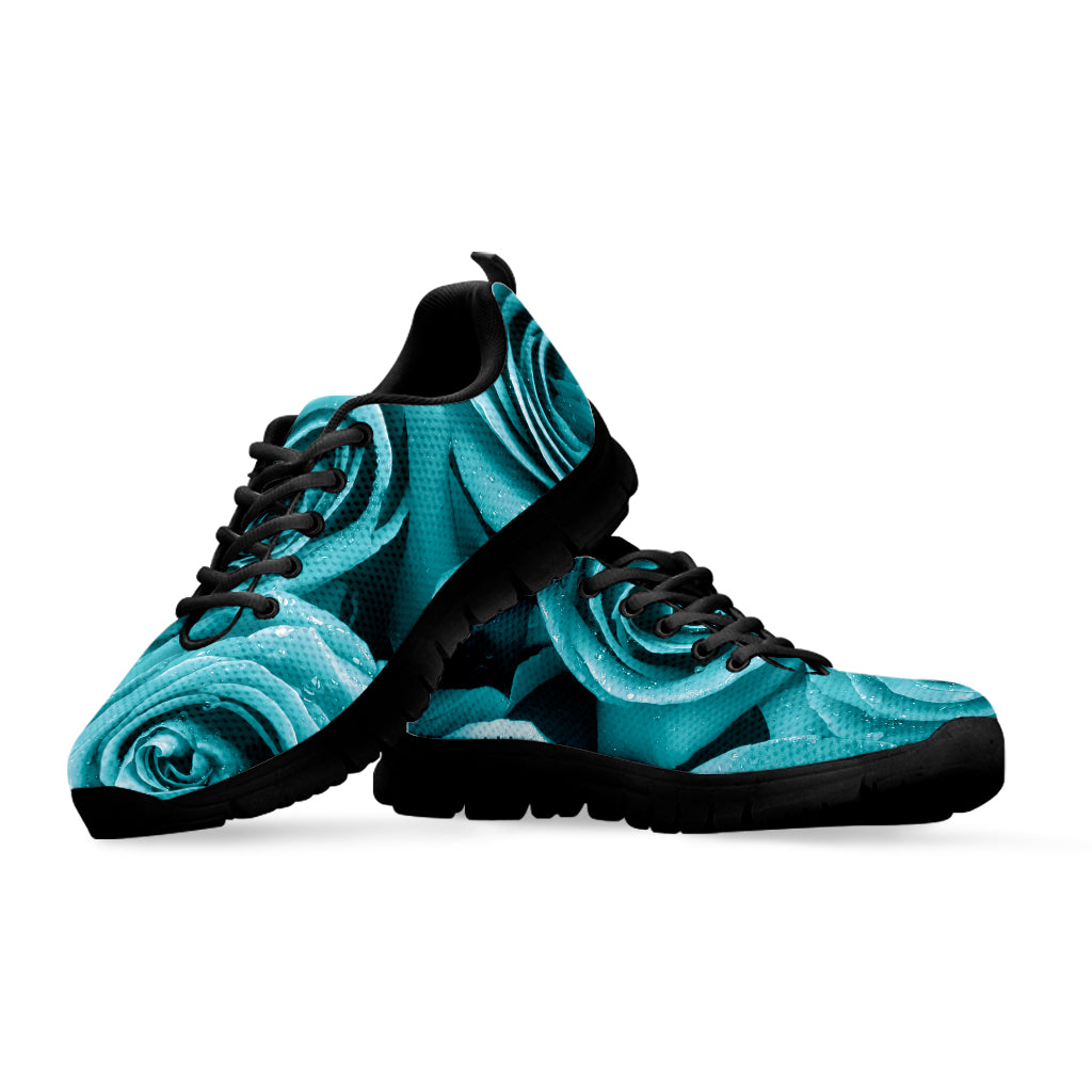 Turquoise Rose Flower Print Black Sneakers