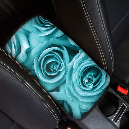 Turquoise Rose Flower Print Car Center Console Cover
