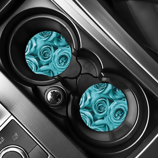 Turquoise Rose Flower Print Car Coasters