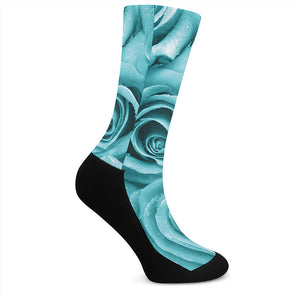 Turquoise Rose Flower Print Crew Socks