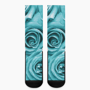 Turquoise Rose Flower Print Crew Socks