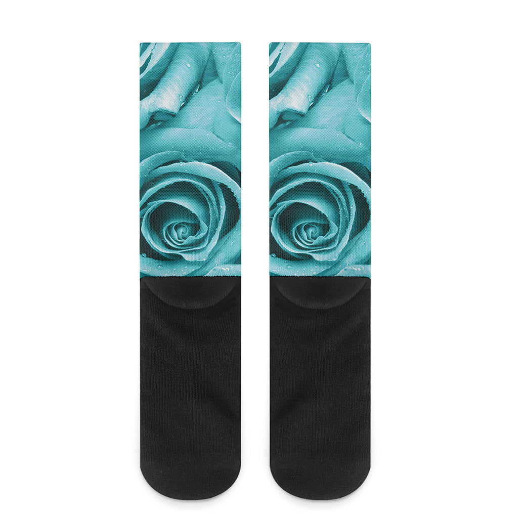 Turquoise Rose Flower Print Crew Socks