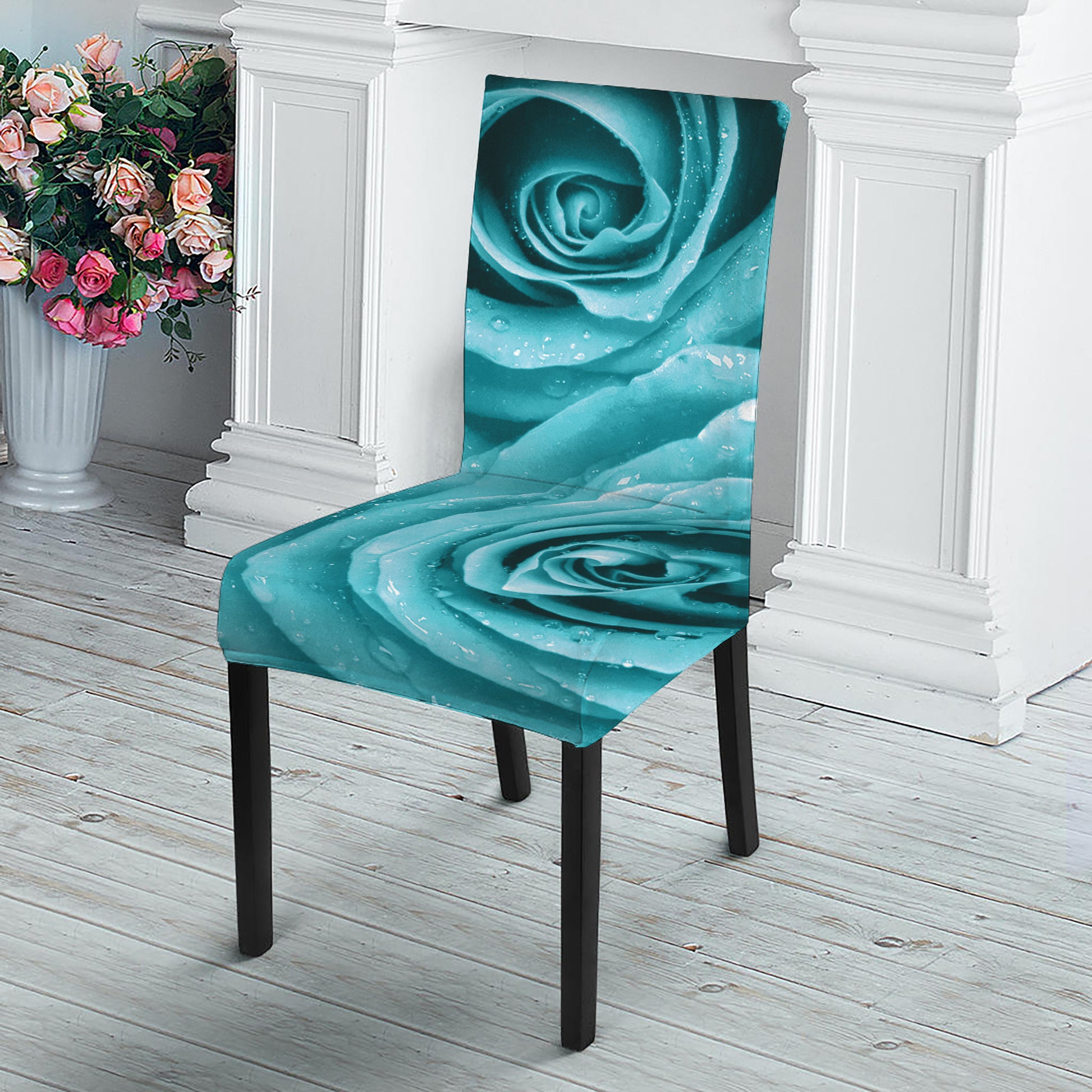 Turquoise Rose Flower Print Dining Chair Slipcover