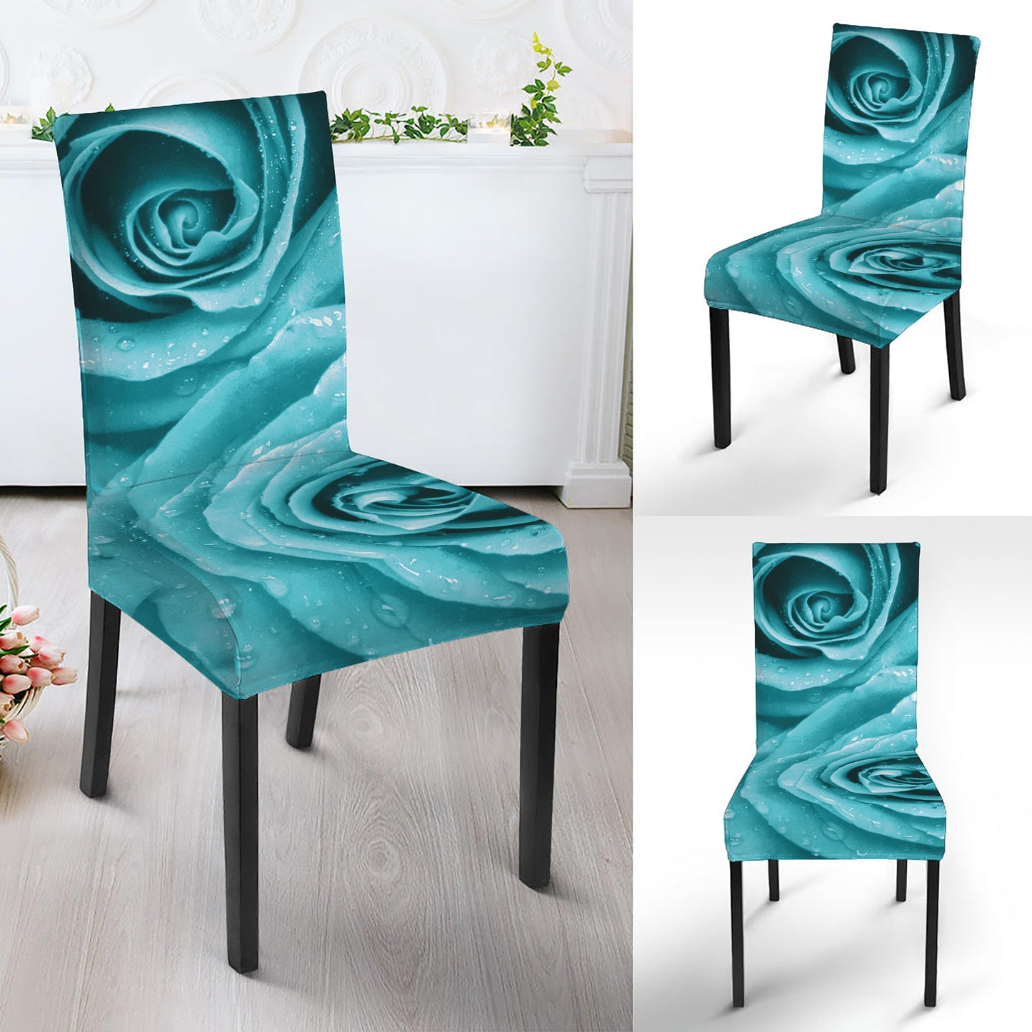 Turquoise Rose Flower Print Dining Chair Slipcover